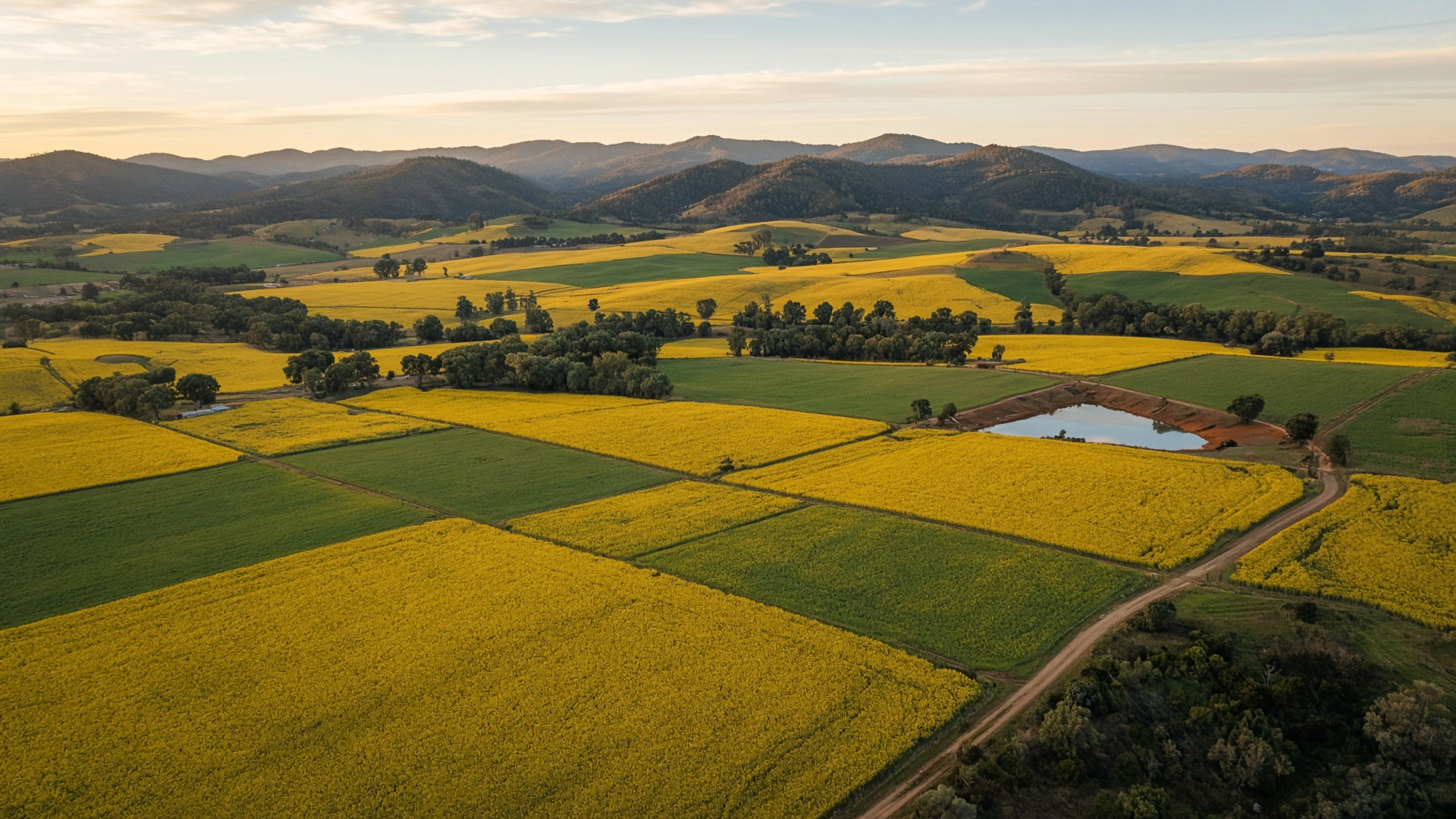 Patchwork of gold canola and green paddocks across Central Victoria farming country