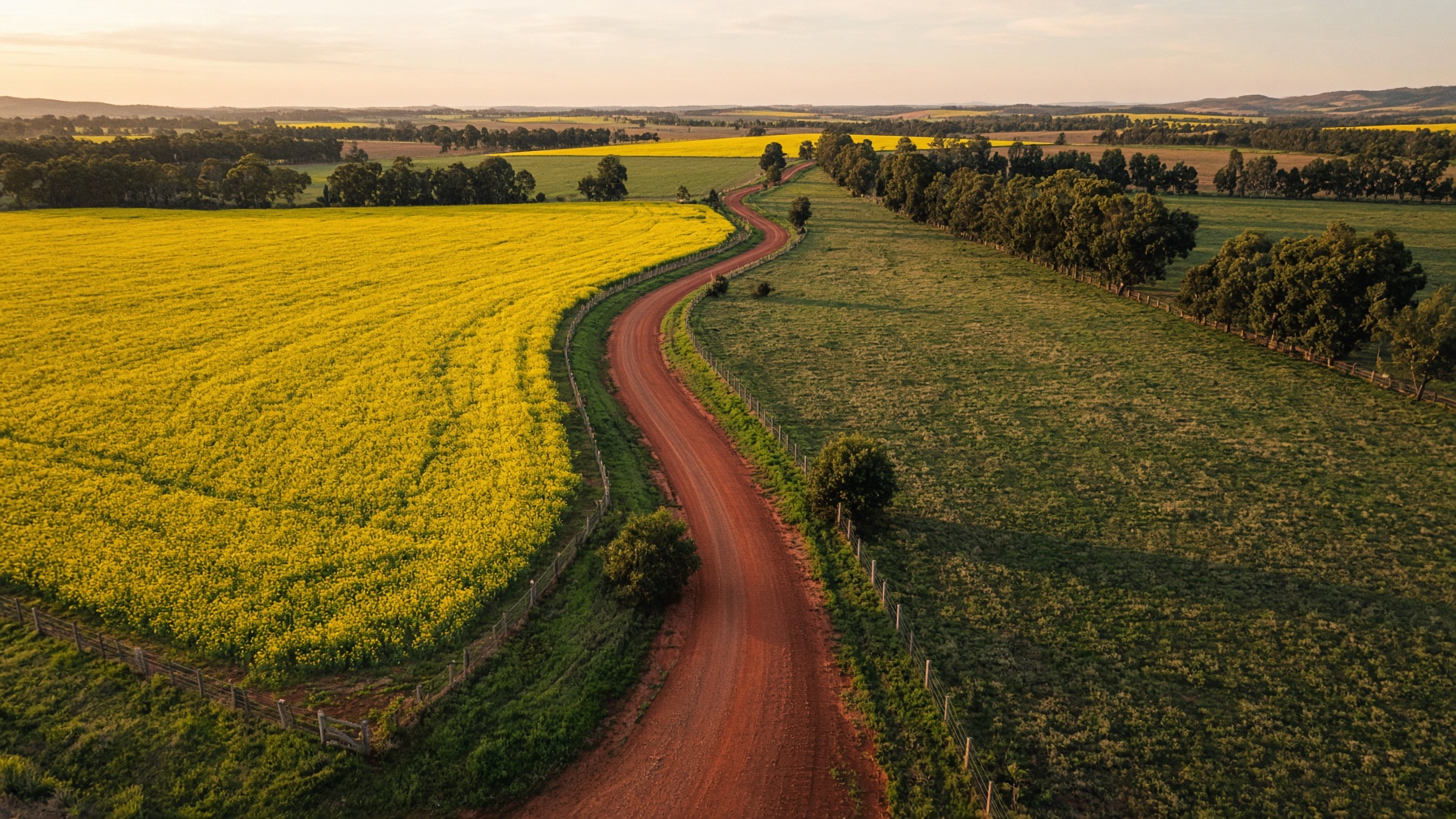Dirt farm road dividing blooming canola paddocks, aerial photograph of Central Victoria farmland